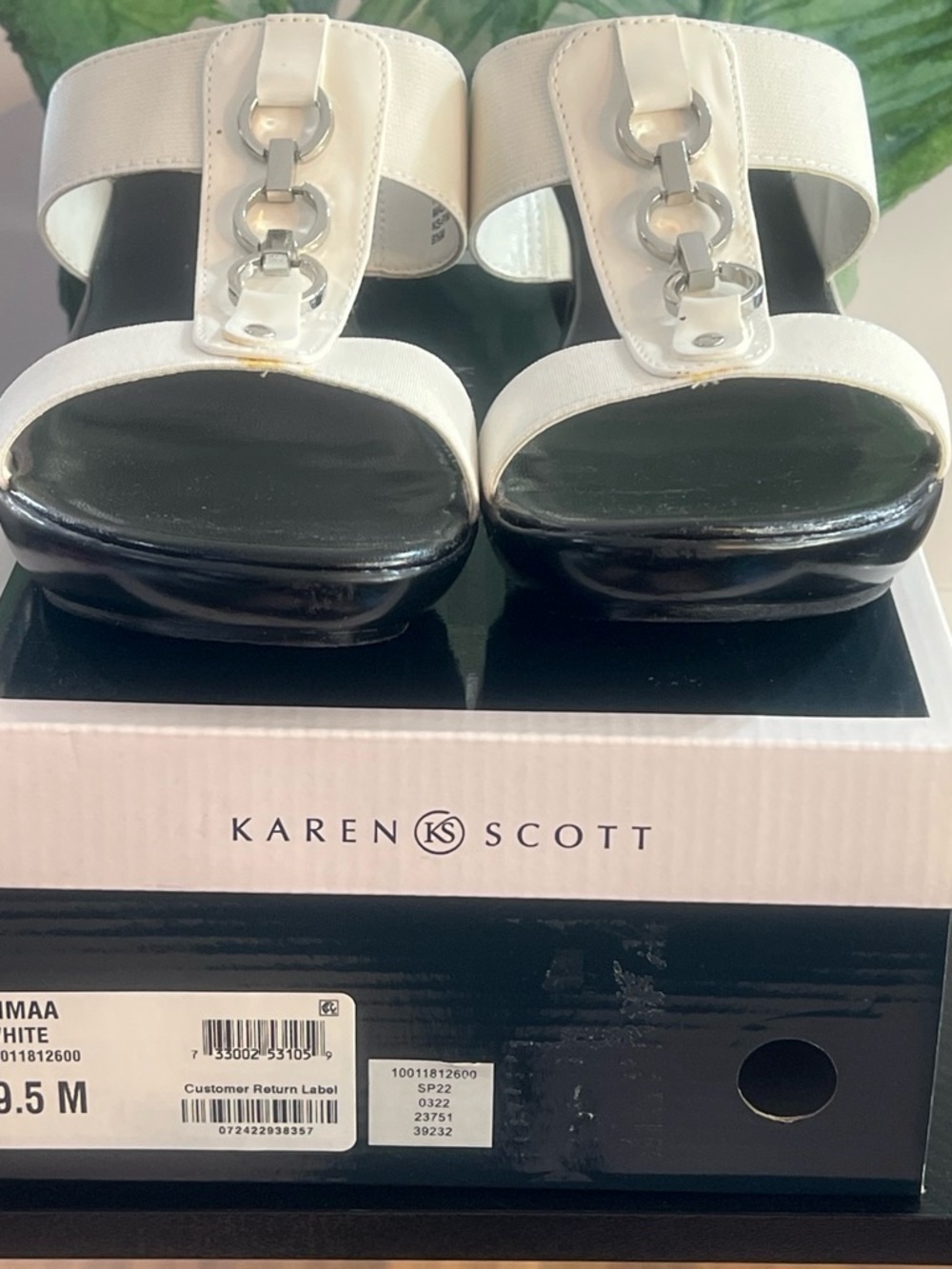 Karen Scott White and Black Slide Mules with Silver Hardware
